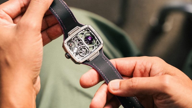 The Hautlence Sphere Series 3 titanium watch with purple spherical jumping hour complication and retrograde minutes on a suede strap.