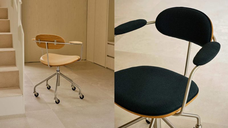 The Hans J. Wegner Swivel Chair, sculpted in wood and leather, showcases mid-century Danish design craftsmanship and ergonomic modern seating.