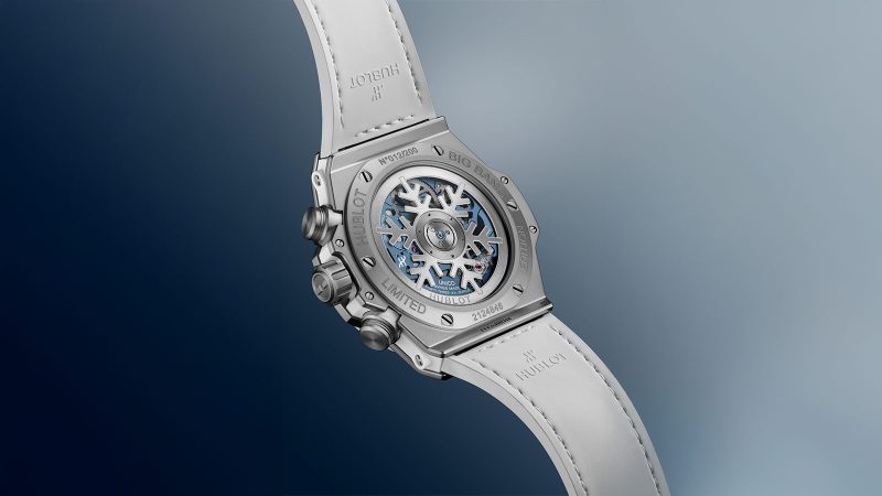 The Hublot Big Bang Unico Winter Titanium Ceramic 42 mm watch with microblasted titanium case, white ceramic bezel, glacier-blue skeleton dial, and UNICO flyback chronograph movement.
