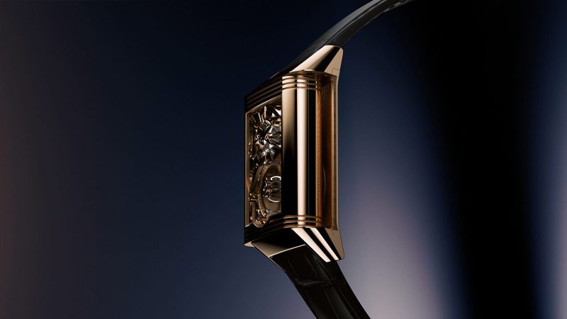 The Jaeger-LeCoultre Reverso Hybris Artistica Calibre 179 in pink gold with black lacquered dials and multi-axis Gyrotourbillon.