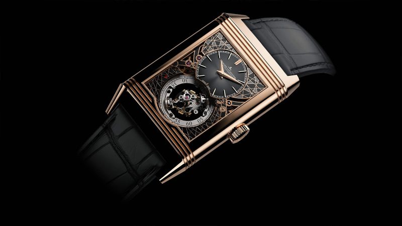 The Jaeger-LeCoultre Reverso Hybris Artistica Calibre 179 in pink gold with black lacquered dials and multi-axis Gyrotourbillon.