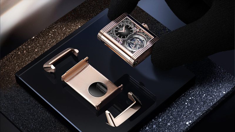 The Jaeger-LeCoultre Reverso Hybris Artistica Calibre 179 in pink gold with black lacquered dials and multi-axis Gyrotourbillon.