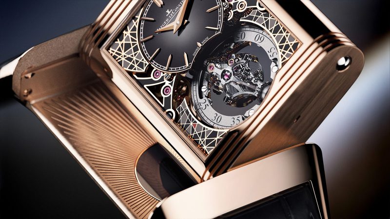 The Jaeger-LeCoultre Reverso Hybris Artistica Calibre 179 in pink gold with black lacquered dials and multi-axis Gyrotourbillon.