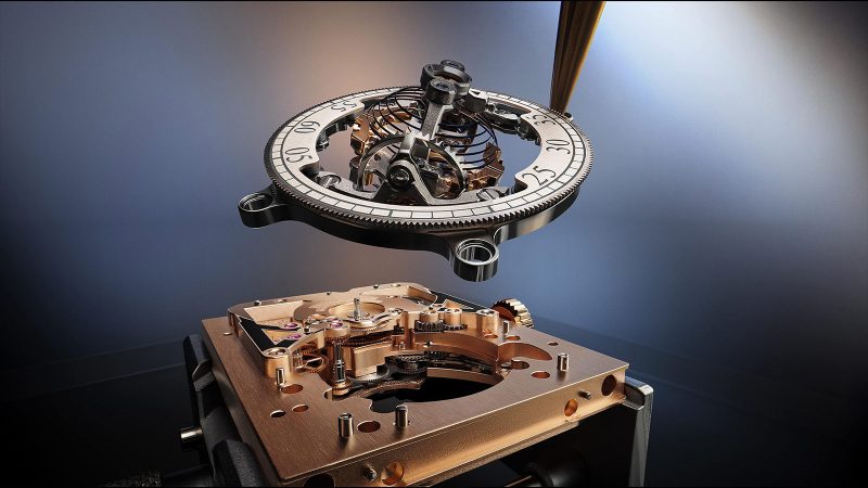 The Jaeger-LeCoultre Reverso Hybris Artistica Calibre 179 in pink gold with black lacquered dials and multi-axis Gyrotourbillon.