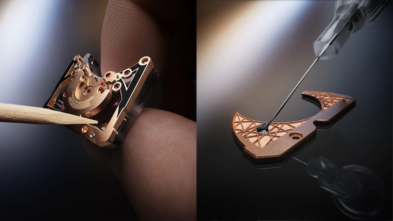 The Jaeger-LeCoultre Reverso Hybris Artistica Calibre 179 in pink gold with black lacquered dials and multi-axis Gyrotourbillon.