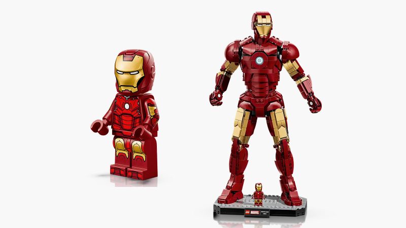 LEGO Iron Man Mark III Collector’s Edition boasts detailed red-and-gold armor, removable helmet, arc reactor chest plate, and display stand.