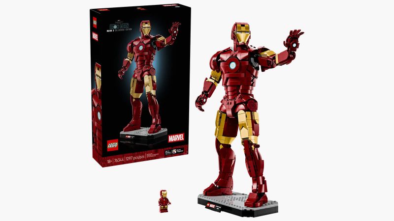 LEGO Iron Man Mark III Collector’s Edition boasts detailed red-and-gold armor, removable helmet, arc reactor chest plate, and display stand.