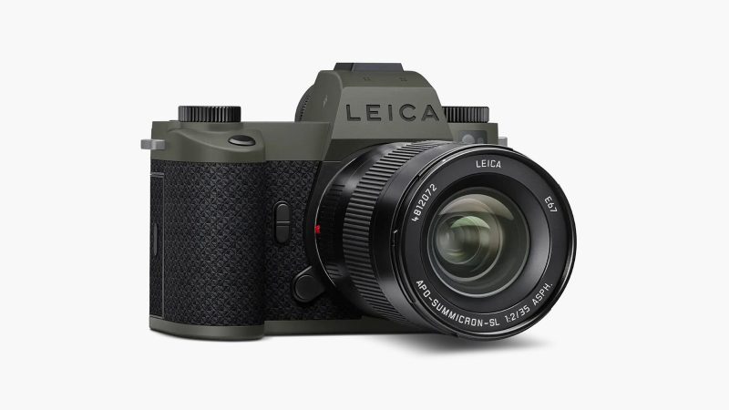 The Leica SL3 Reporter camera with dark green scratch-resistant finish and aramid fabric grip.