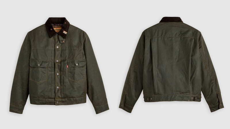 The Levi’s x Barbour collection features waxed denim jackets and workwear-inspired outerwear that combines Levi’s classic denim with Barbour’s waxed cotton heritage.