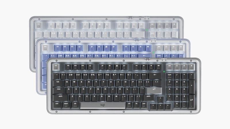 The Logitech Alto Keys K98M mechanical keyboard features translucent edges, shine-through PBT keycaps, and subtle lighting in Graphite, Off-White, and Lilac.