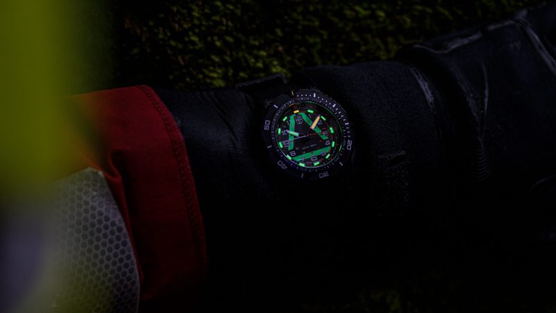 The Luminox ICE-SAR Arctic Series tactical CARBONOX watch with a 45mm case, 25-year glow technology, Swiss RONDA movement, and a limited-edition Arctic rescue design.