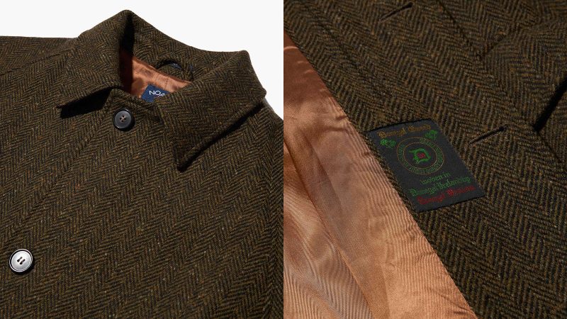 The NOAH Donegal Overcoat is made from authentic Donegal wool with a textured, flecked pattern, a tailored NYC silhouette, a peak-lapel design, and premium winter menswear construction.