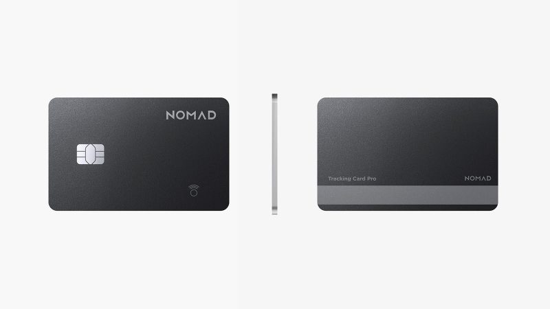The Nomad Tracking Card Pro ultra-thin Apple Find My wallet tracker with rechargeable battery and durable card-sized design.