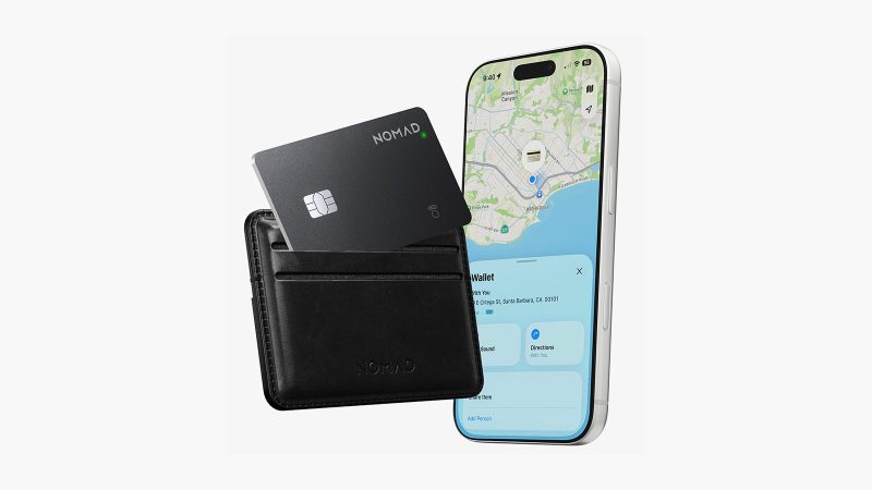The Nomad Tracking Card Pro ultra-thin Apple Find My wallet tracker with rechargeable battery and durable card-sized design.