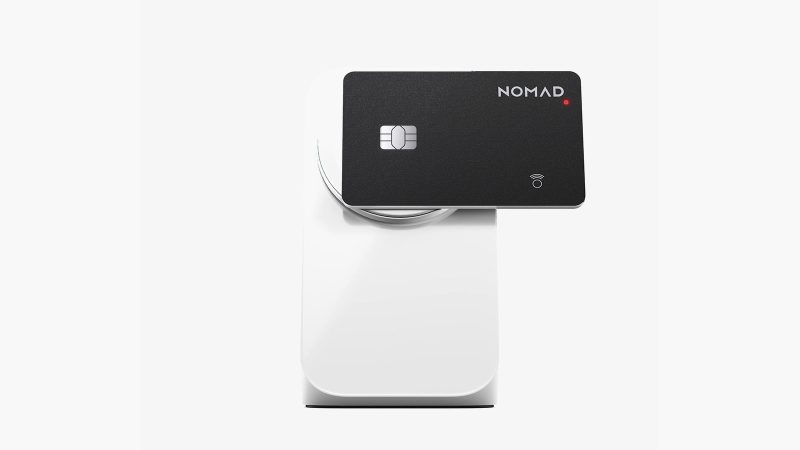 The Nomad Tracking Card Pro ultra-thin Apple Find My wallet tracker with rechargeable battery and durable card-sized design.
