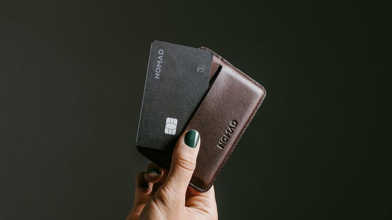 The Nomad Tracking Card Pro ultra-thin Apple Find My wallet tracker with rechargeable battery and durable card-sized design.
