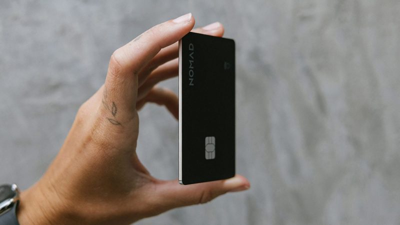 The Nomad Tracking Card Pro ultra-thin Apple Find My wallet tracker with rechargeable battery and durable card-sized design.