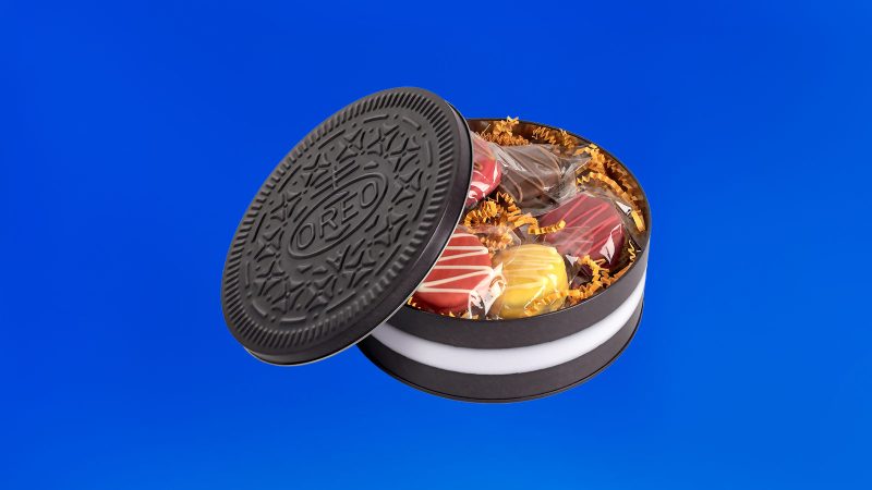 OREOiD Thanksgiving Dinner Cookie Tin features customizable OREO cookies decorated with festive Thanksgiving designs in a collectible holiday tin.