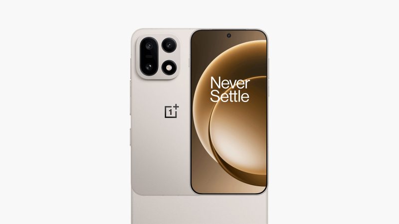 The OnePlus 15 smartphone, available in Sand Storm finish, showcases its triple-camera array and slim body design.