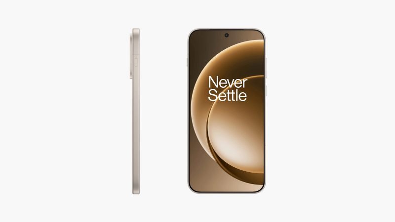 The OnePlus 15 smartphone, available in Sand Storm finish, showcases its triple-camera array and slim body design.