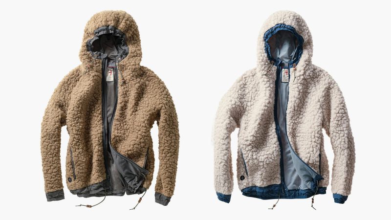 Relwen Abominable Hood Jacket in Natural color—high-pile wool-poly sherpa with a relaxed hooded fit, 2-way zipper and concealed cargo pockets.
