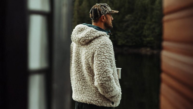 Relwen Abominable Hood Jacket in Natural color—high-pile wool-poly sherpa with a relaxed hooded fit, 2-way zipper and concealed cargo pockets.