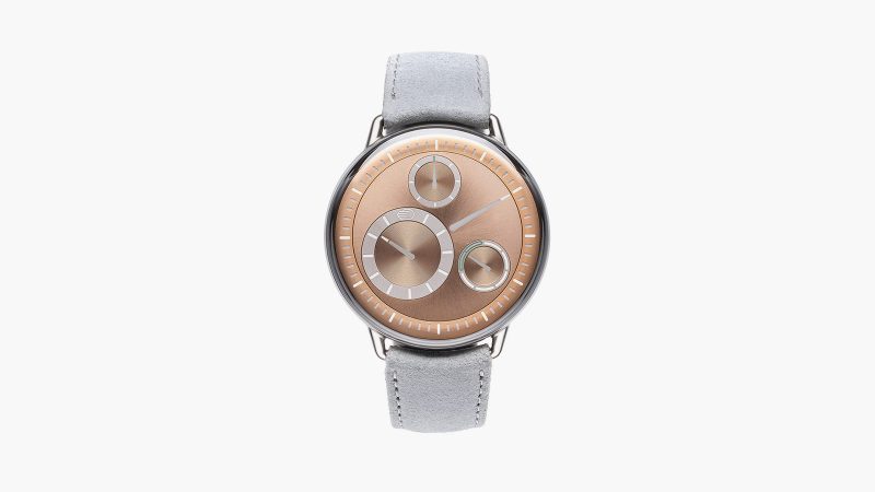 Ressence Type 1 Round Rose Gold limited-edition titanium watch with rose gold-plated dial, orbital ROCS display, and suede strap.