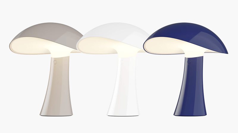 The Rumee 220 Portable Lamp in sculptural asymmetric form, designed by Gabriel Tan with soft ambient 360-degree glow.