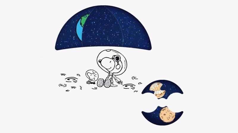 Navy SWATCH x Omega Mission to Earthphase Moonshine Gold Beaver Moon Edition watch with Earthphase, Moonshine Gold moonphase, Snoopy detail, and Bioceramic case.