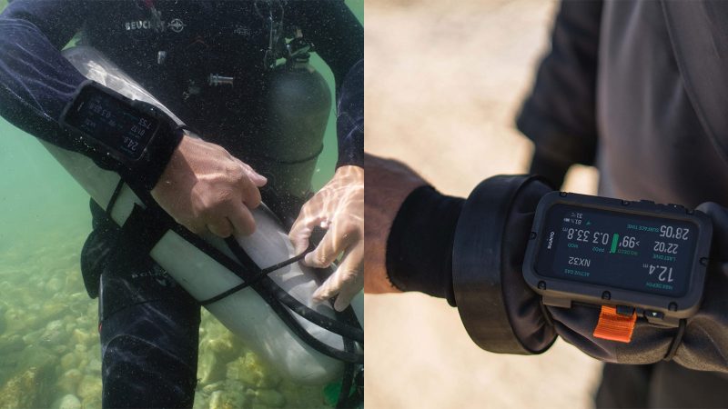 Suunto Nautic and Nautic S dive computers—large AMOLED display model and compact model—with rugged straps and deep-ocean interface styling.