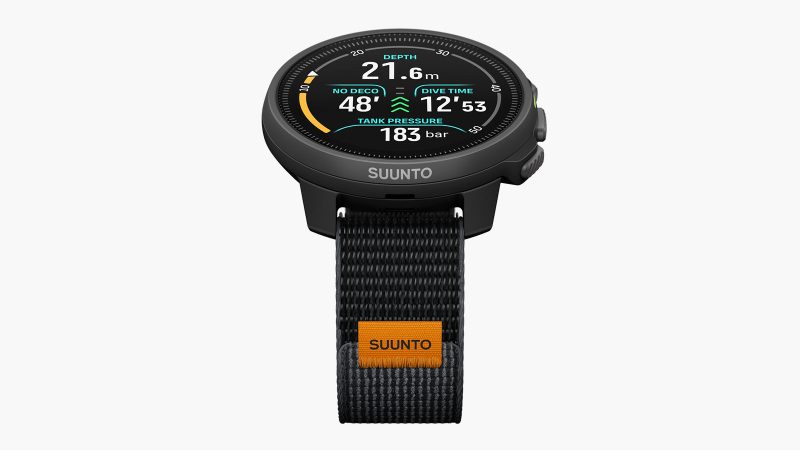 Suunto Nautic and Nautic S dive computers—large AMOLED display model and compact model—with rugged straps and deep-ocean interface styling.
