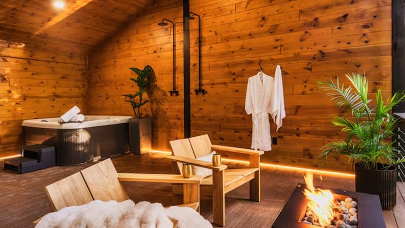 The Solenne Airbnb is a modern forest retreat features warm neutral tones, architectural clean lines, panoramic windows, and curated interior design.