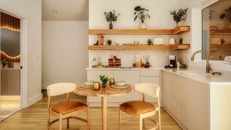 The Solenne Airbnb is a modern forest retreat features warm neutral tones, architectural clean lines, panoramic windows, and curated interior design.