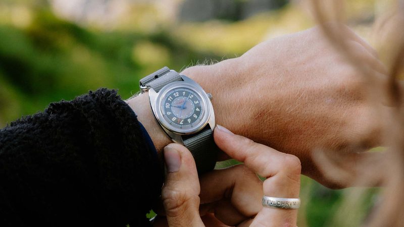 The Timex x Worn & Wound Field Watch w/a Twist in Whirlpool and Storm colorways features a bold, sector-style dial with italic numerals and luminous detailing.