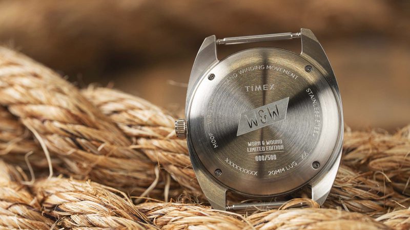 The Timex x Worn & Wound Field Watch w/a Twist in Whirlpool and Storm colorways features a bold, sector-style dial with italic numerals and luminous detailing.