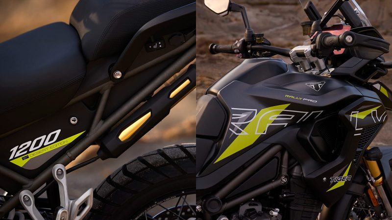 Triumph Tiger 1200 Desert Edition off-road motorcycle navigating sand dunes, matte sand-colored body, rugged knobby tires, desert backdrop.