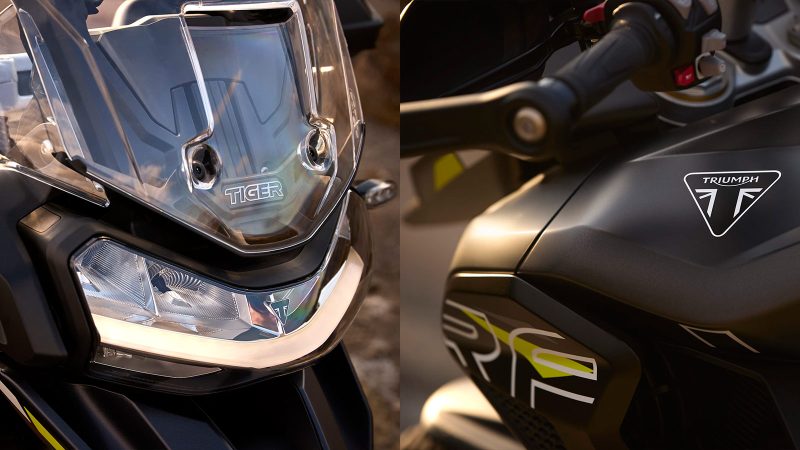 Triumph Tiger 1200 Desert Edition off-road motorcycle navigating sand dunes, matte sand-colored body, rugged knobby tires, desert backdrop.