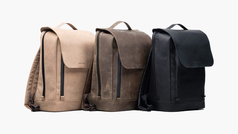 The WaterField Bowery Leather Backpack is handmade in San Francisco with full-grain leather, a magnetic Fidlock buckle, padded laptop and tablet compartments, water-resistant zippers, and a gold-lined interior.