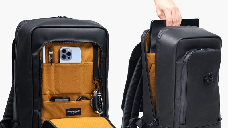 The WaterField Bowery Leather Backpack is handmade in San Francisco with full-grain leather, a magnetic Fidlock buckle, padded laptop and tablet compartments, water-resistant zippers, and a gold-lined interior.