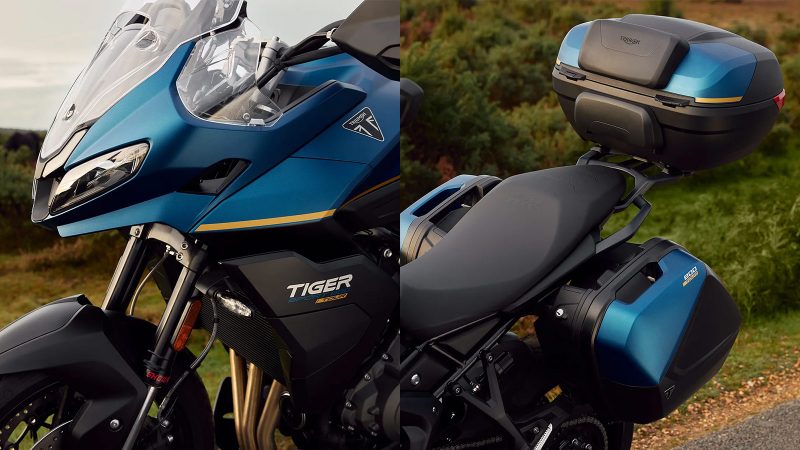 The 2026 Triumph Tiger Sport 800 Tour motorcycle with panniers, top case, 798cc triple engine, touring accessories, heated grips, comfort seat, TPMS, and Showa suspension.