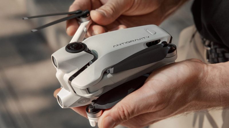 The ANTIGRAVITY A1 8K 360 drone with top and bottom lenses, invisible-drone capture, FPV Vision goggles, Grip controller, obstacle avoidance, and folding design.