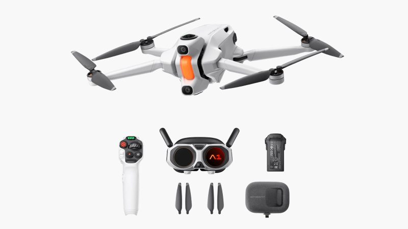 The ANTIGRAVITY A1 8K 360 drone with top and bottom lenses, invisible-drone capture, FPV Vision goggles, Grip controller, obstacle avoidance, and folding design.