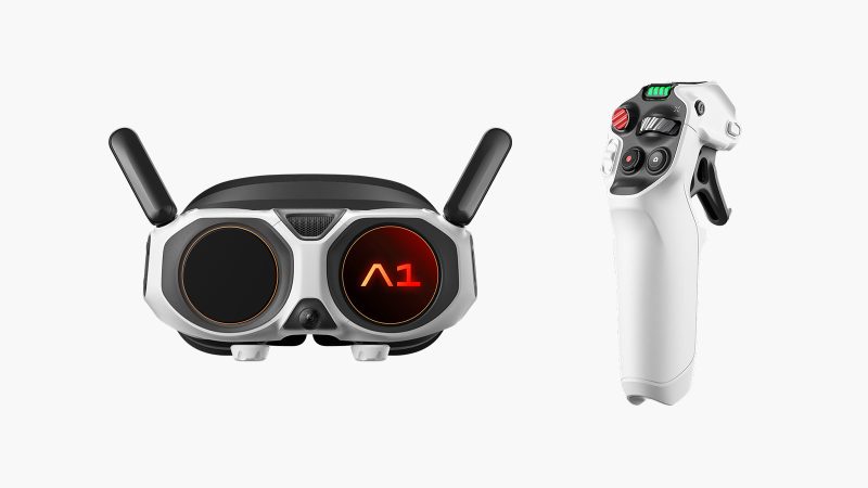 The ANTIGRAVITY A1 8K 360 drone with top and bottom lenses, invisible-drone capture, FPV Vision goggles, Grip controller, obstacle avoidance, and folding design.