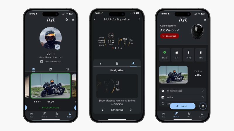 The Aegis Rider Vision motorcycle helmet features an integrated augmented reality HUD (Heads-Up Display) showing speed and navigation on the visor.