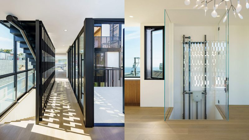 The Alma Switch House in Manhattan Beach features a modern white stucco facade, a shimmering silver aluminum privacy screen, and an open-air central courtyard.