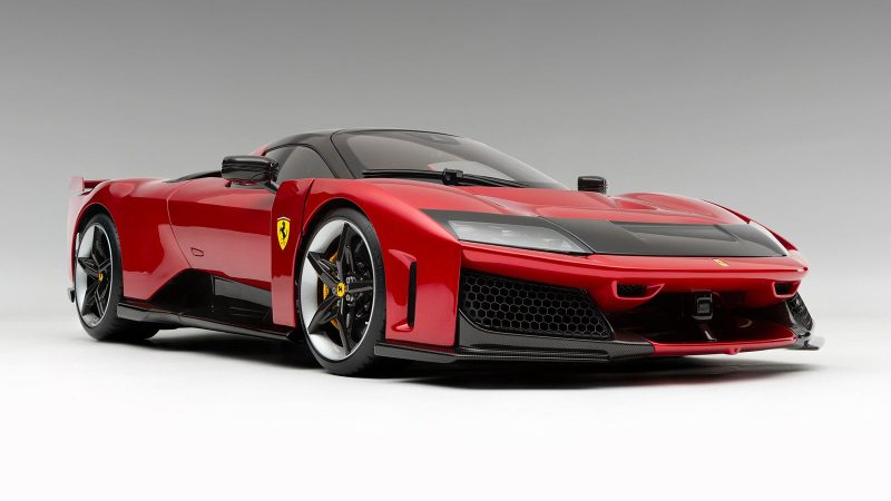 The Ferrari F80 1:8 scale model Rosso Supercar limited edition is handcrafted with original Ferrari CAD, CNC components, detailed interior, and precision engineering.