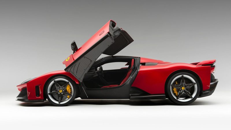 The Ferrari F80 1:8 scale model Rosso Supercar limited edition is handcrafted with original Ferrari CAD, CNC components, detailed interior, and precision engineering.