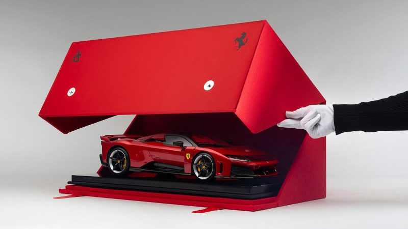 The Ferrari F80 1:8 scale model Rosso Supercar limited edition is handcrafted with original Ferrari CAD, CNC components, detailed interior, and precision engineering.