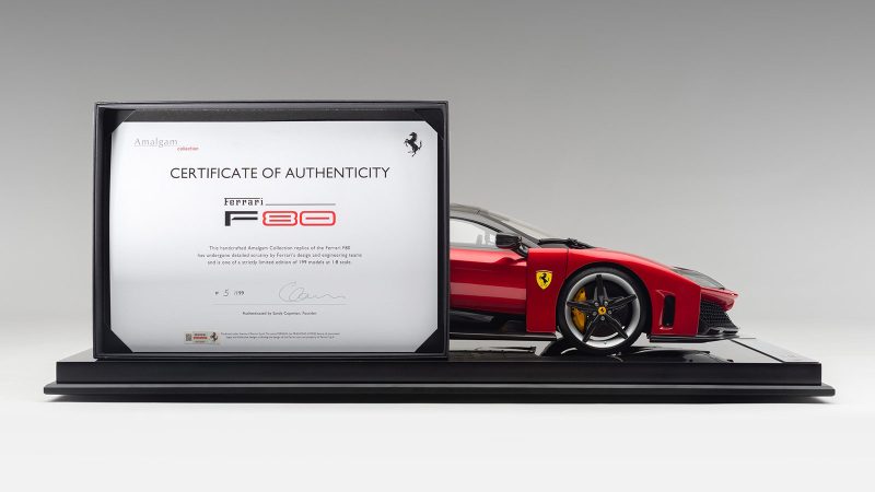 The Ferrari F80 1:8 scale model Rosso Supercar limited edition is handcrafted with original Ferrari CAD, CNC components, detailed interior, and precision engineering.