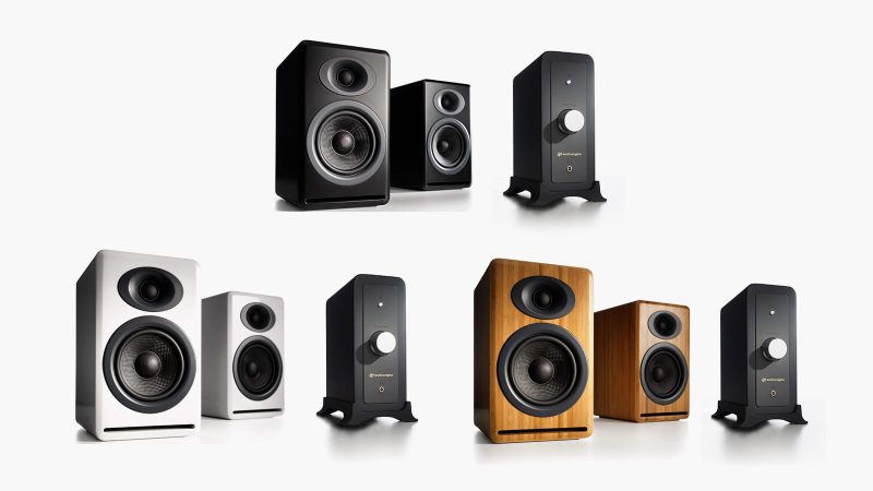 Audioengine Stereo Flex Kit featuring P4 passive speakers and N22 desktop amplifier with Bluetooth aptX, headphone amp, 4-ohm impedance, and modern wood or matte finishes.